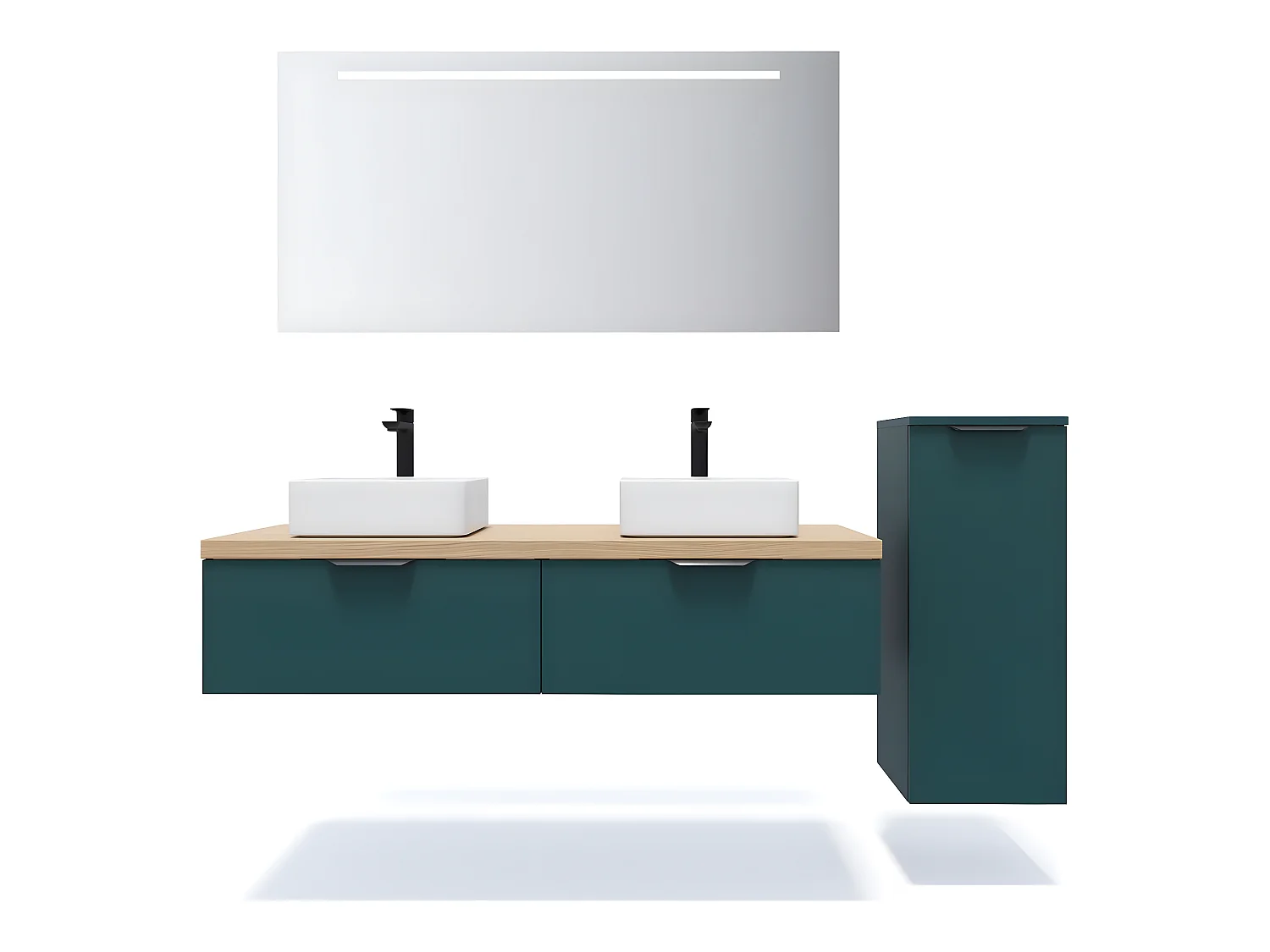 Meuble de salle de bain suspendu 2 vasques à poser 140cm 2 tiroirs Bleu + miroir + colonne ouverture droite - Soho