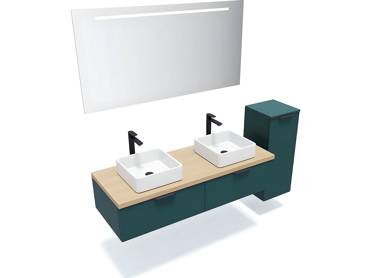 Meuble de salle de bain suspendu 2 vasques à poser 140cm 2 tiroirs Bleu + miroir + colonne ouverture droite - Soho