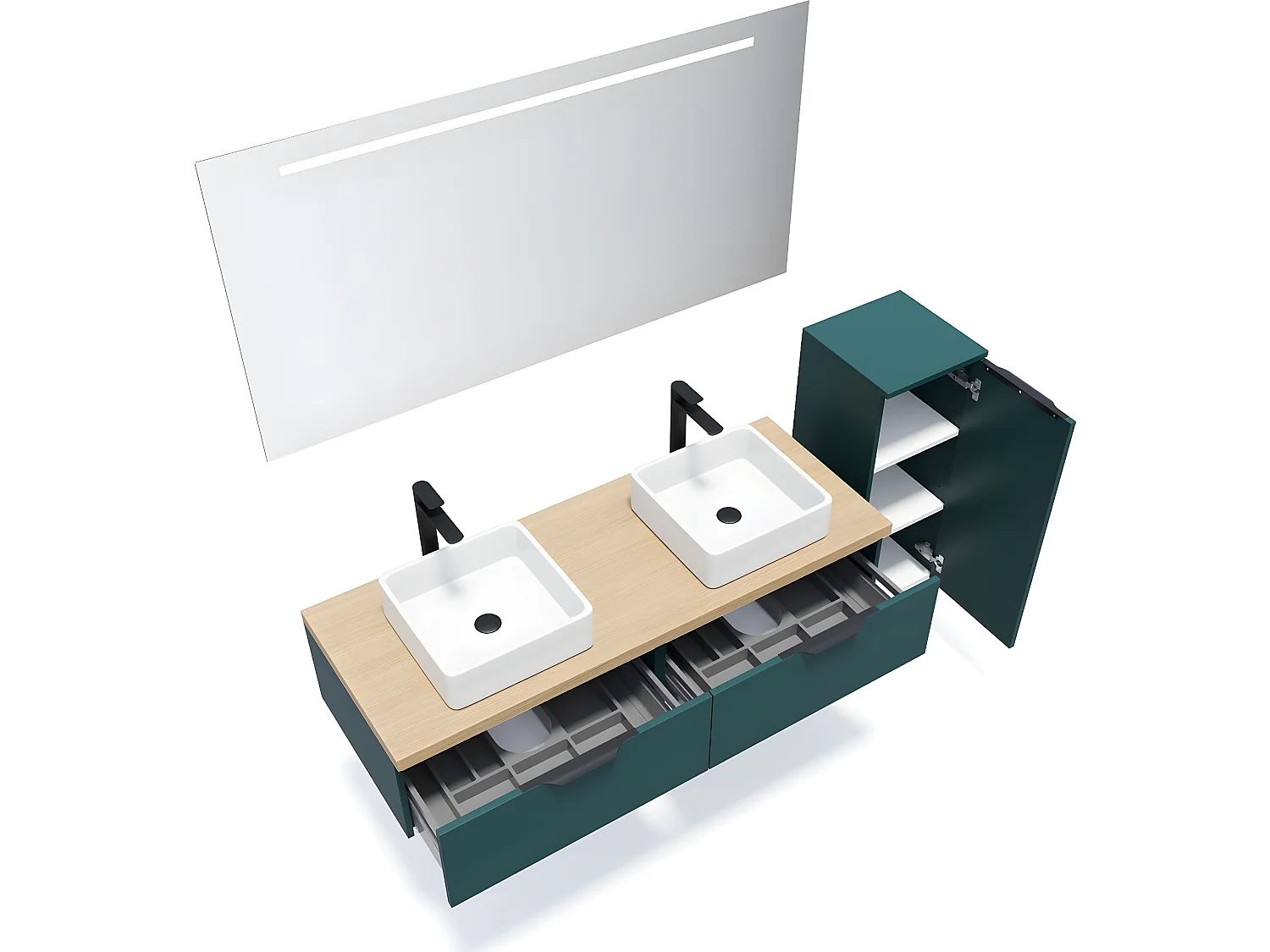 Meuble de salle de bain suspendu 2 vasques à poser 140cm 2 tiroirs Bleu + miroir + colonne ouverture droite - Soho