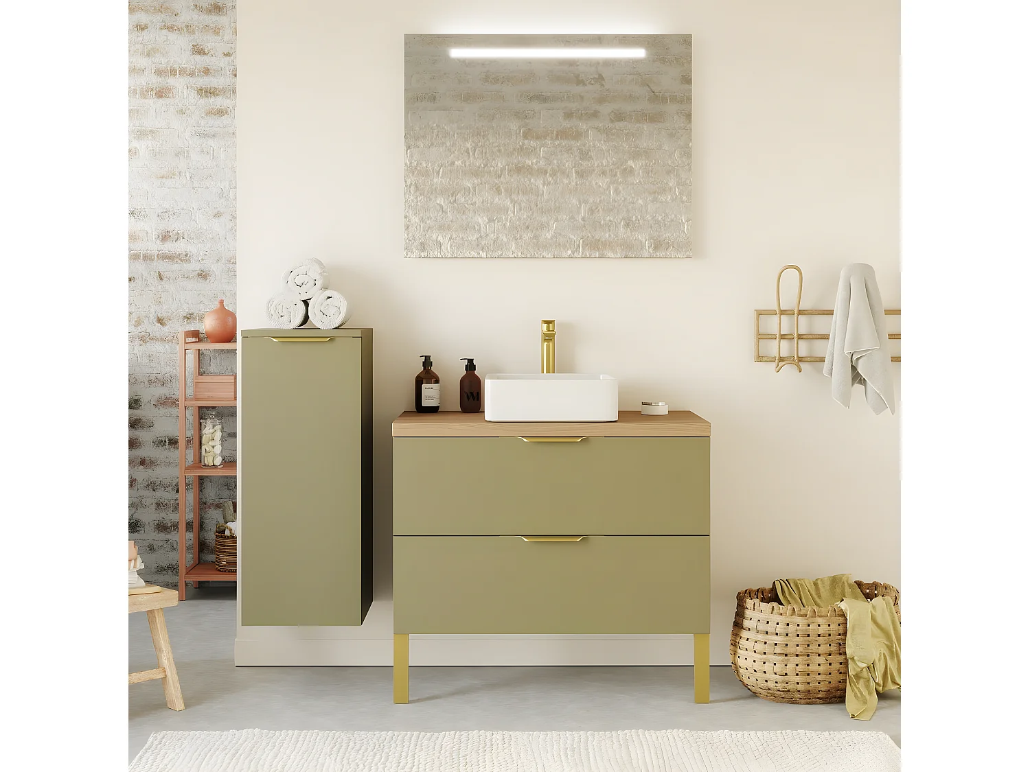 Meuble de salle de bain suspendu vasque à poser 90cm 2 tiroirs Vert olive + miroir + colonne ouverture gauche - Venice