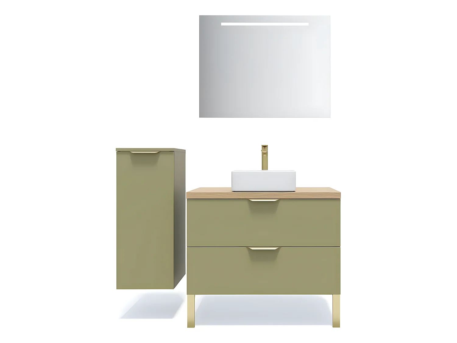 Meuble de salle de bain suspendu vasque à poser 90cm 2 tiroirs Vert olive + miroir + colonne ouverture gauche - Venice