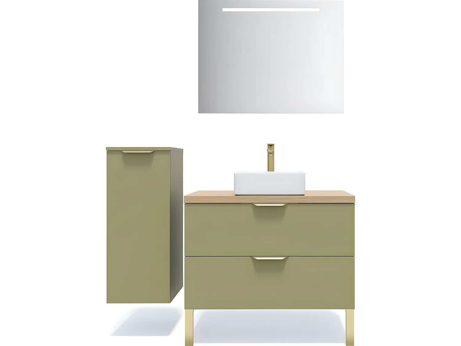 Meuble de salle de bain suspendu vasque à poser 90cm 2 tiroirs Vert olive + miroir + colonne ouverture gauche - Venice