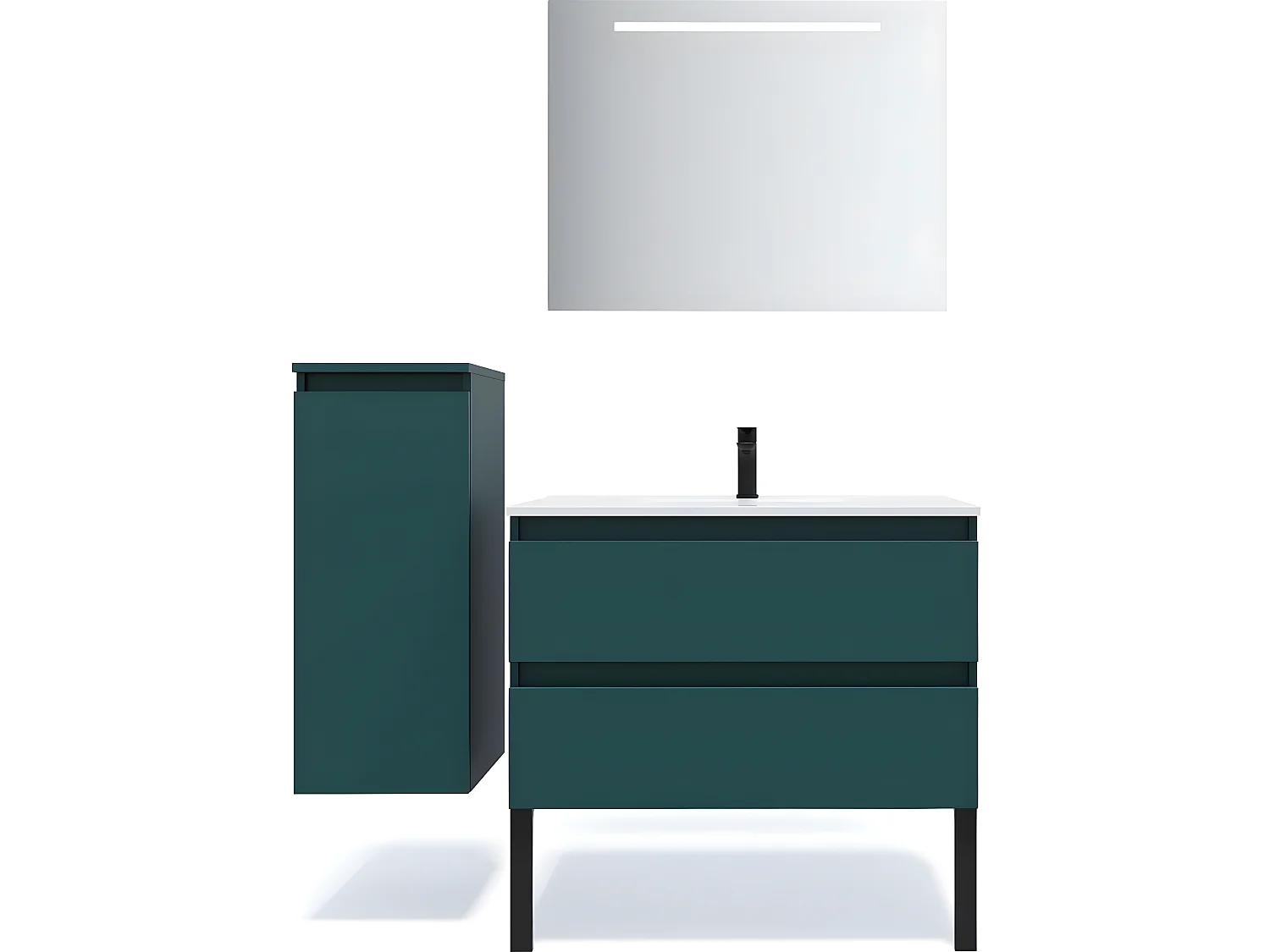 Meuble de salle de bain suspendu vasque intégrée 90cm 2 tiroirs Bleu + miroir + colonne ouverture gauche - Hudson