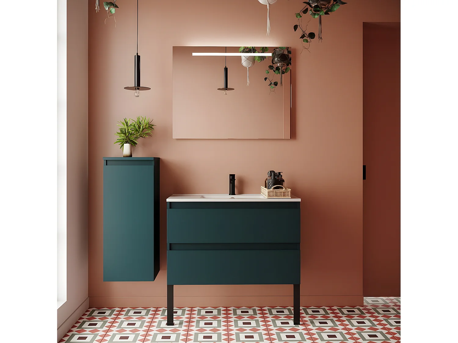 Meuble de salle de bain suspendu vasque intégrée 90cm 2 tiroirs Bleu + miroir + colonne ouverture gauche - Hudson