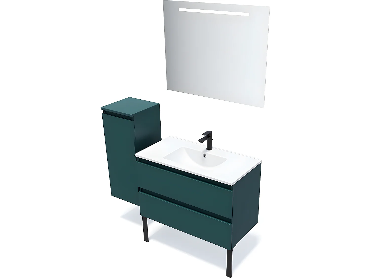 Meuble de salle de bain suspendu vasque intégrée 90cm 2 tiroirs Bleu + miroir + colonne ouverture gauche - Hudson