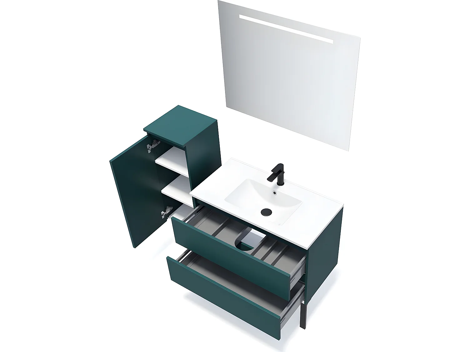 Meuble de salle de bain suspendu vasque intégrée 90cm 2 tiroirs Bleu + miroir + colonne ouverture gauche - Hudson