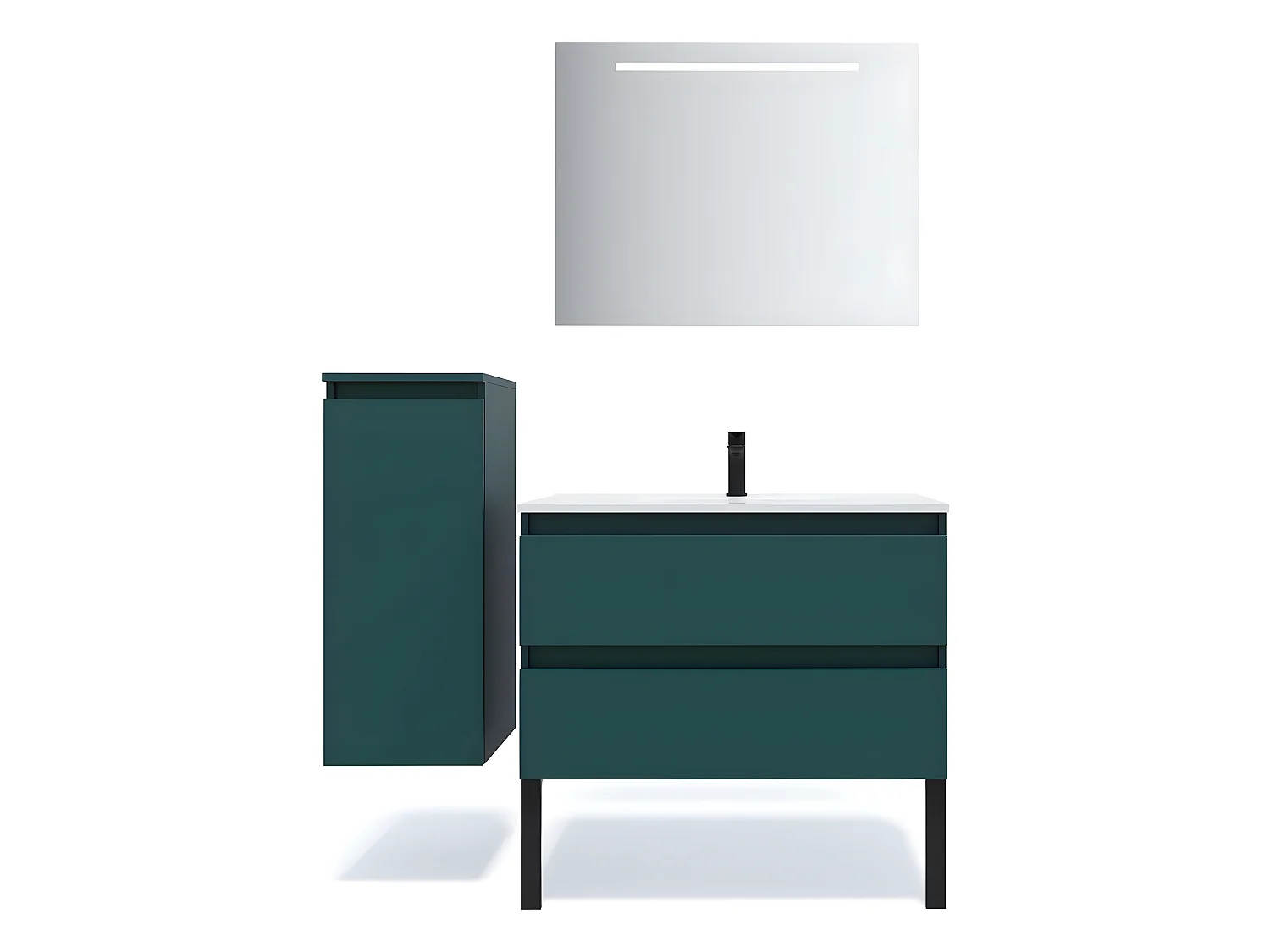 Meuble de salle de bain suspendu vasque intégrée 90cm 2 tiroirs Bleu + miroir + colonne ouverture gauche - Hudson