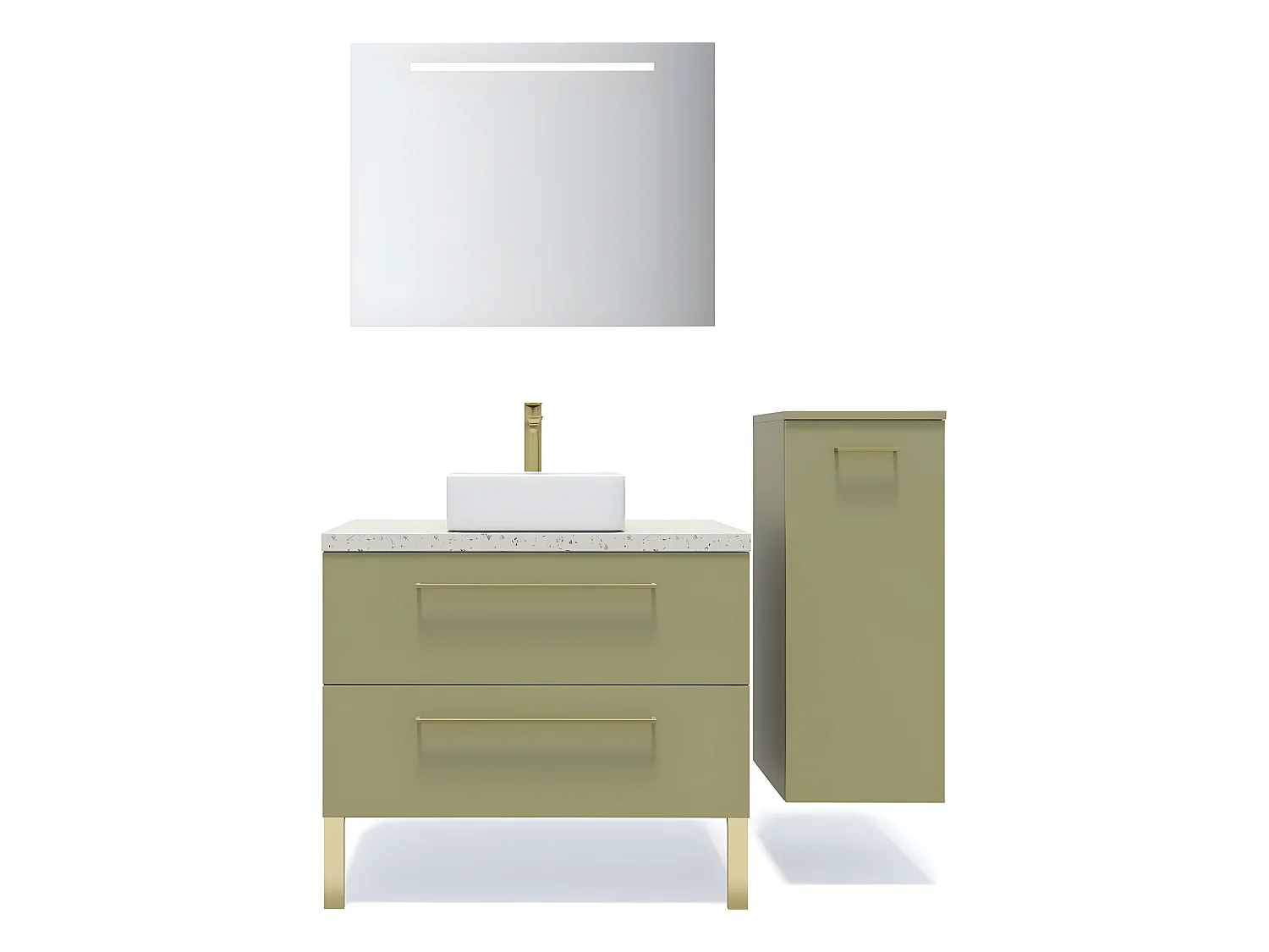 Meuble de salle de bain suspendu vasque à poser 90cm 1 tiroir Vert olive + miroir + colonne ouverture droite - Glasgow