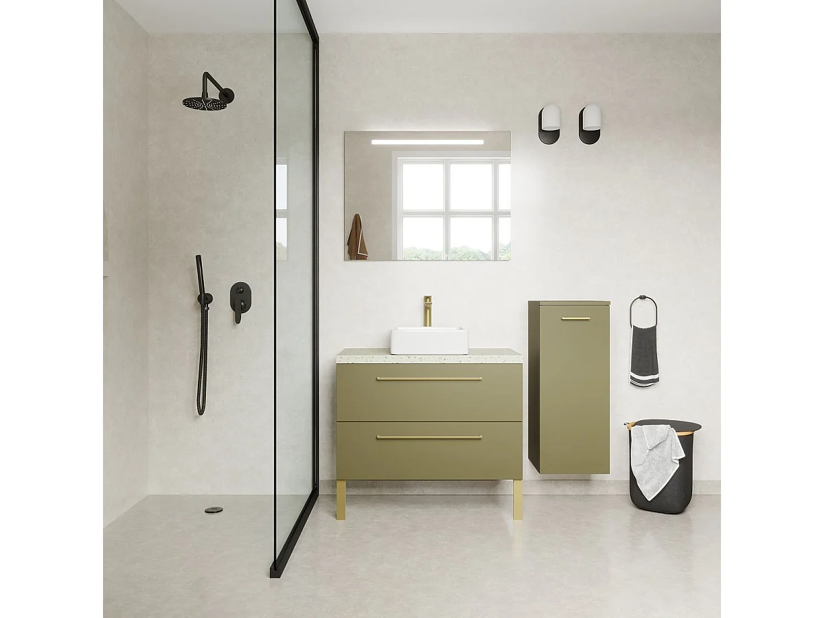 Meuble de salle de bain suspendu vasque à poser 90cm 1 tiroir Vert olive + miroir + colonne ouverture droite - Glasgow