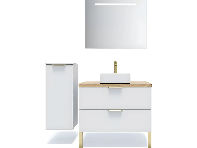 Meuble de salle de bain suspendu vasque à poser 90cm 2 tiroirs Blanc + miroir + colonne ouverture gauche - Venice