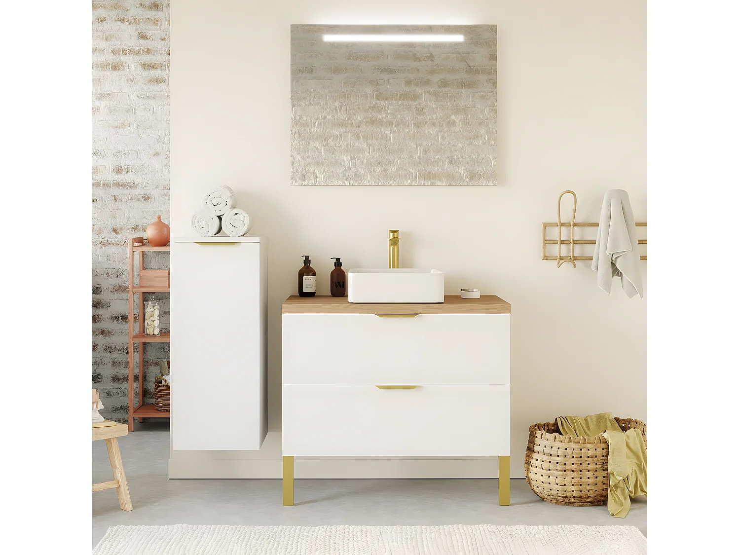 Meuble de salle de bain suspendu vasque à poser 90cm 2 tiroirs Blanc + miroir + colonne ouverture gauche - Venice