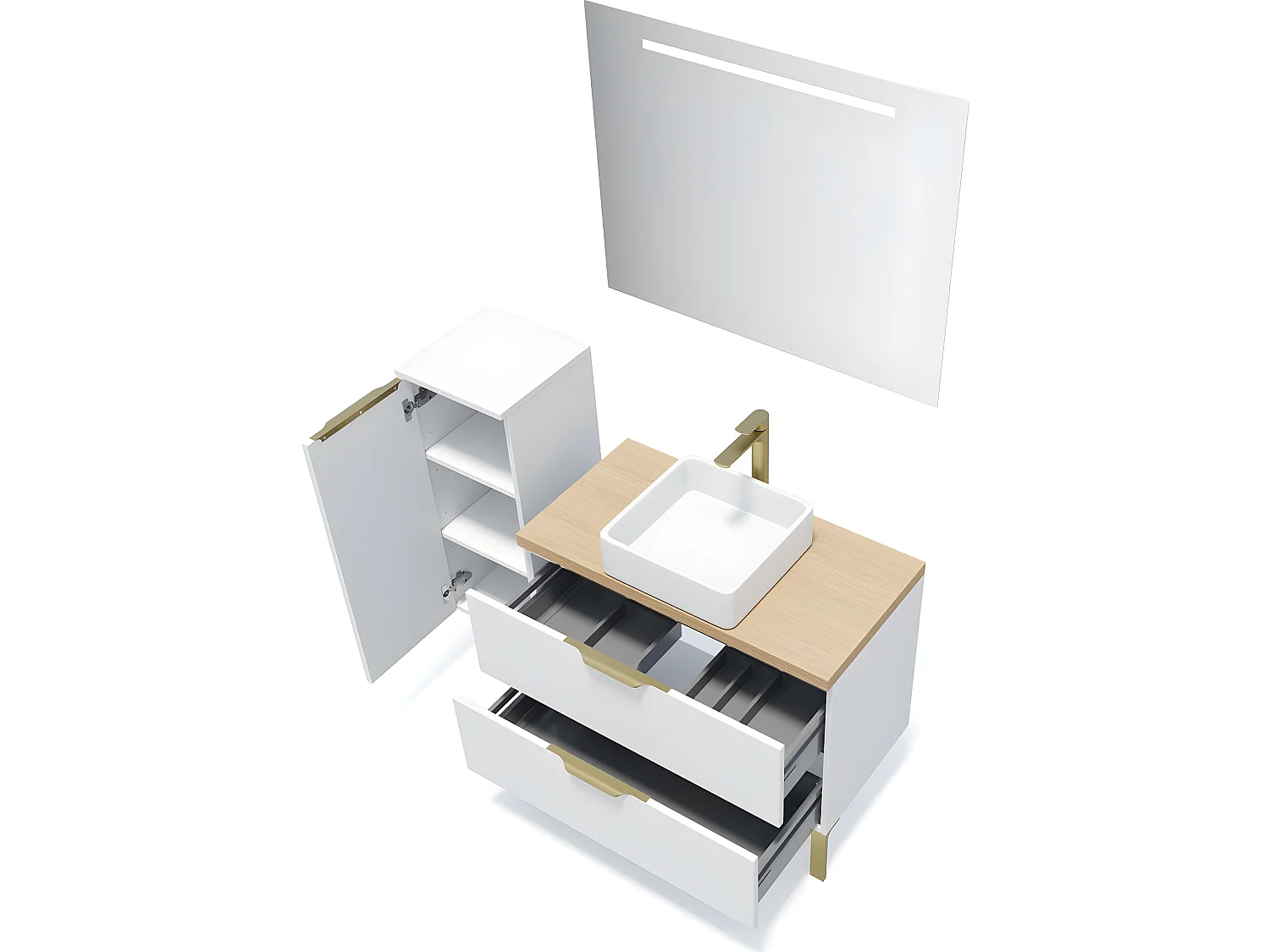 Meuble de salle de bain suspendu vasque à poser 90cm 2 tiroirs Blanc + miroir + colonne ouverture gauche - Venice