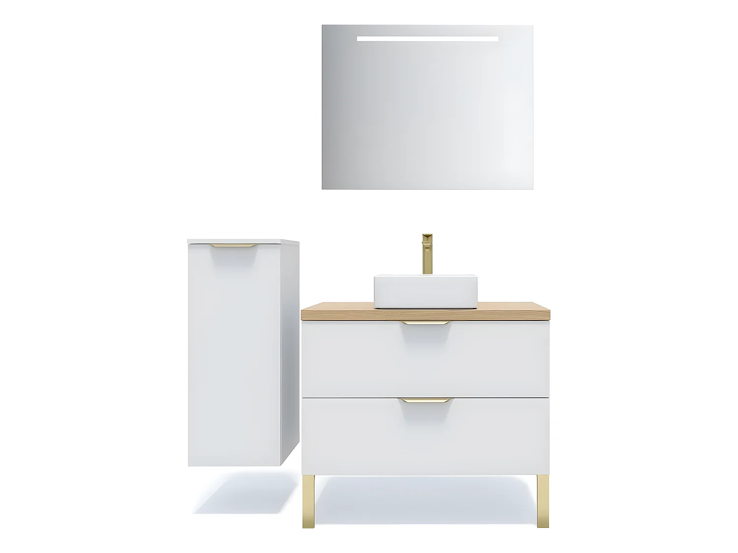 Meuble de salle de bain suspendu vasque à poser 90cm 2 tiroirs Blanc + miroir + colonne ouverture gauche - Venice