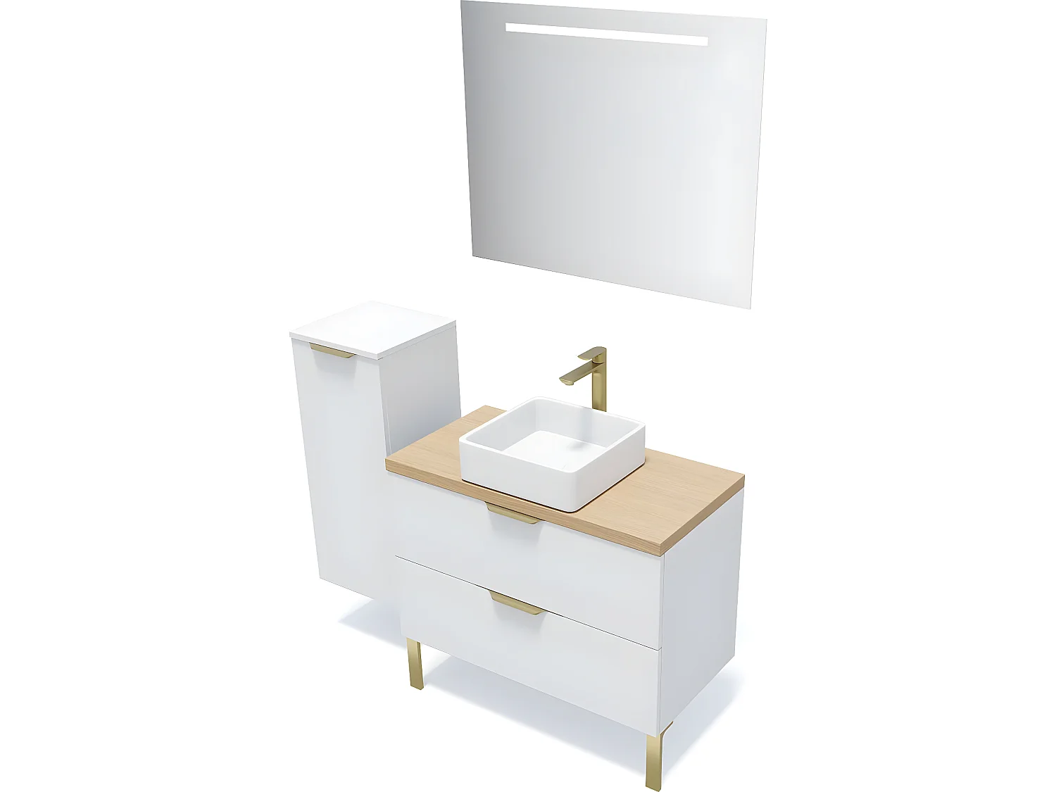 Meuble de salle de bain suspendu vasque à poser 90cm 2 tiroirs Blanc + miroir + colonne ouverture gauche - Venice