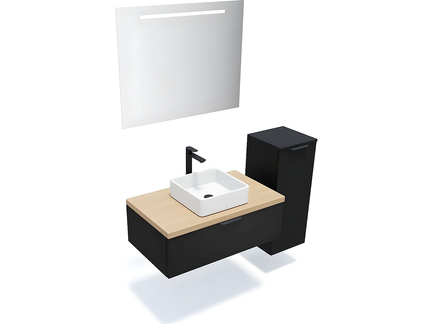 Meuble de salle de bain suspendu vasque à poser 90cm 1 tiroir Noir + miroir + colonne ouverture droite - Soho