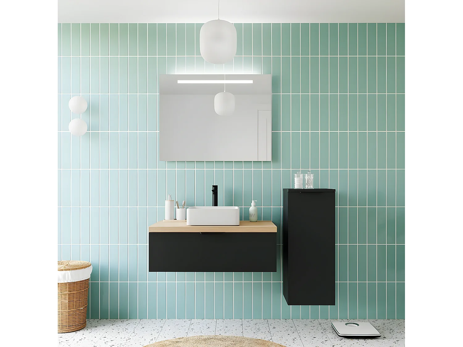 Meuble de salle de bain suspendu vasque à poser 90cm 1 tiroir Noir + miroir + colonne ouverture droite - Soho