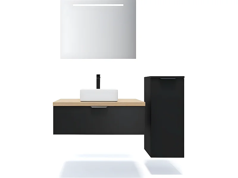 Meuble de salle de bain suspendu vasque à poser 90cm 1 tiroir Noir + miroir + colonne ouverture droite - Soho