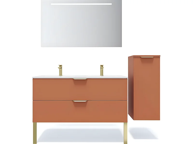 Meuble de salle de bain suspendu double vasque intégrée 120cm 2 tiroirs Terracotta + miroir + colonne ouverture droite - Venice