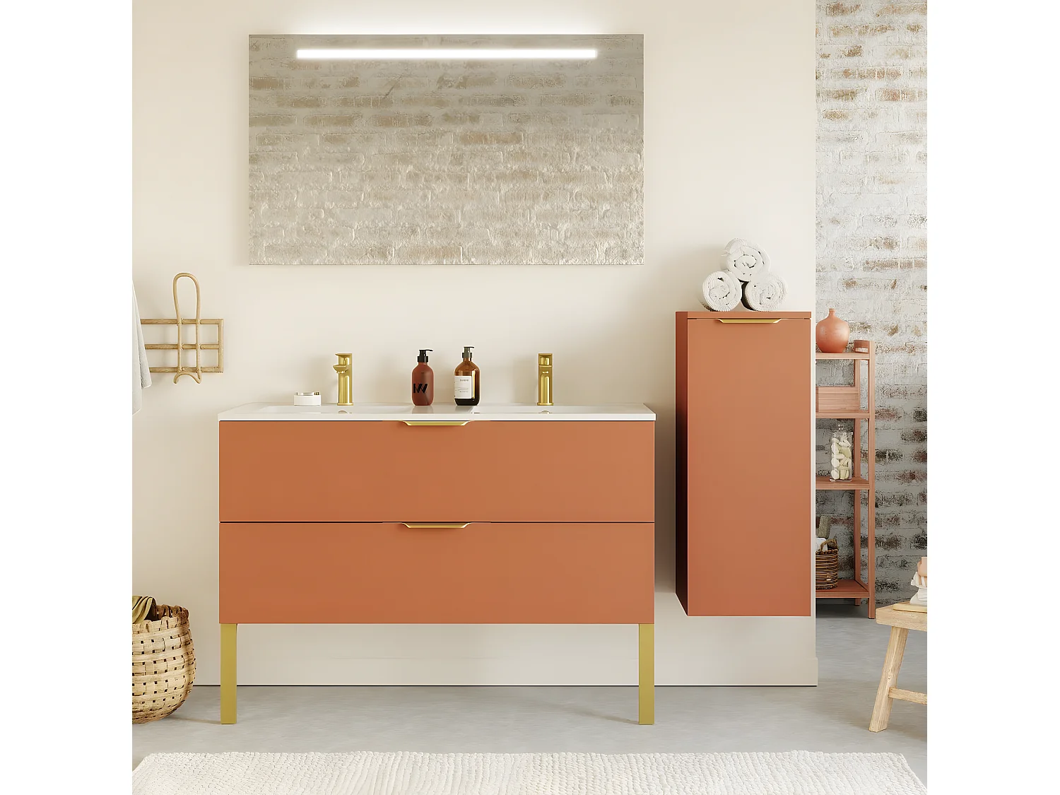 Meuble de salle de bain suspendu double vasque intégrée 120cm 2 tiroirs Terracotta + miroir + colonne ouverture droite - Venice