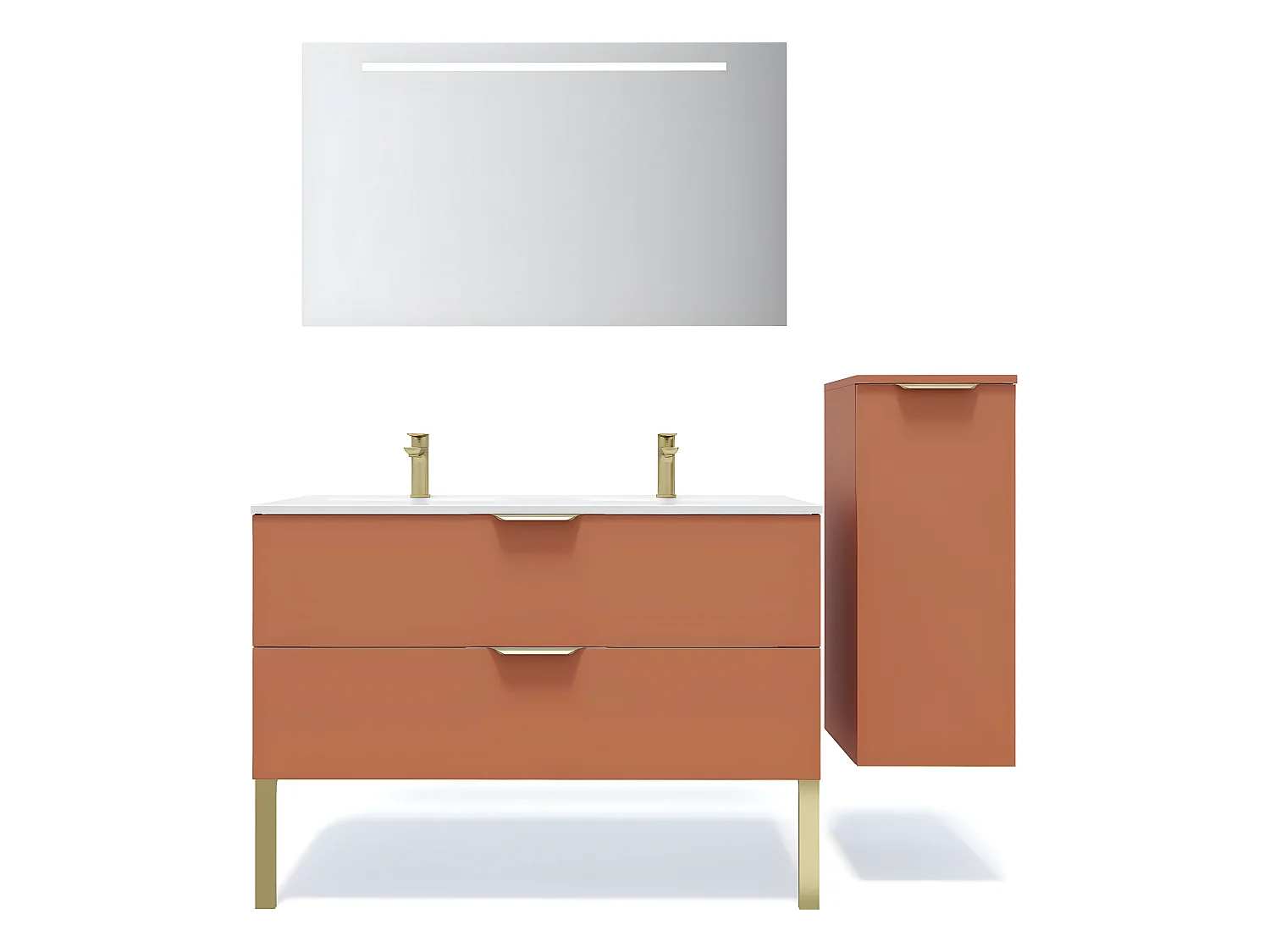 Meuble de salle de bain suspendu double vasque intégrée 120cm 2 tiroirs Terracotta + miroir + colonne ouverture droite - Venice