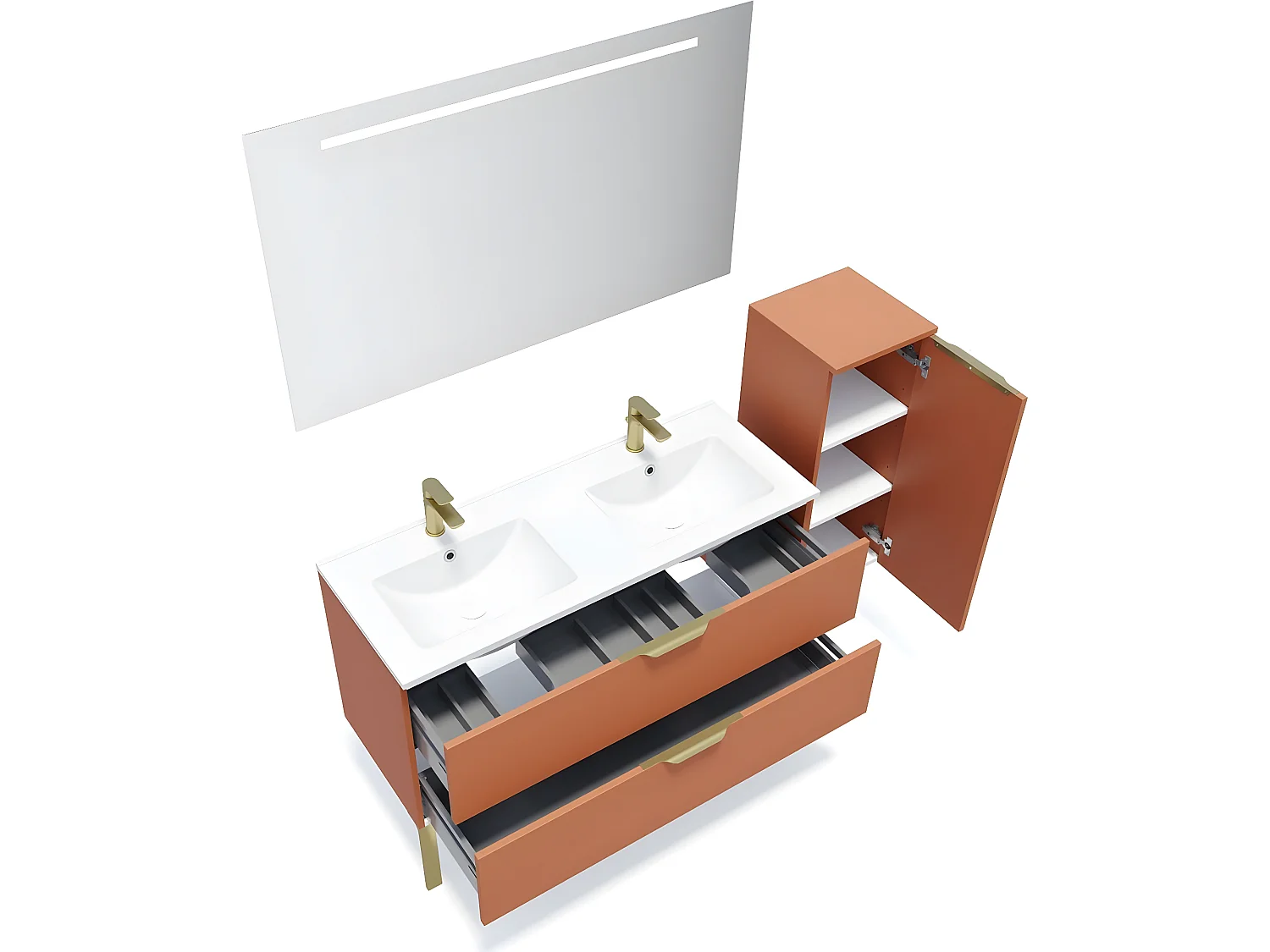 Meuble de salle de bain suspendu double vasque intégrée 120cm 2 tiroirs Terracotta + miroir + colonne ouverture droite - Venice