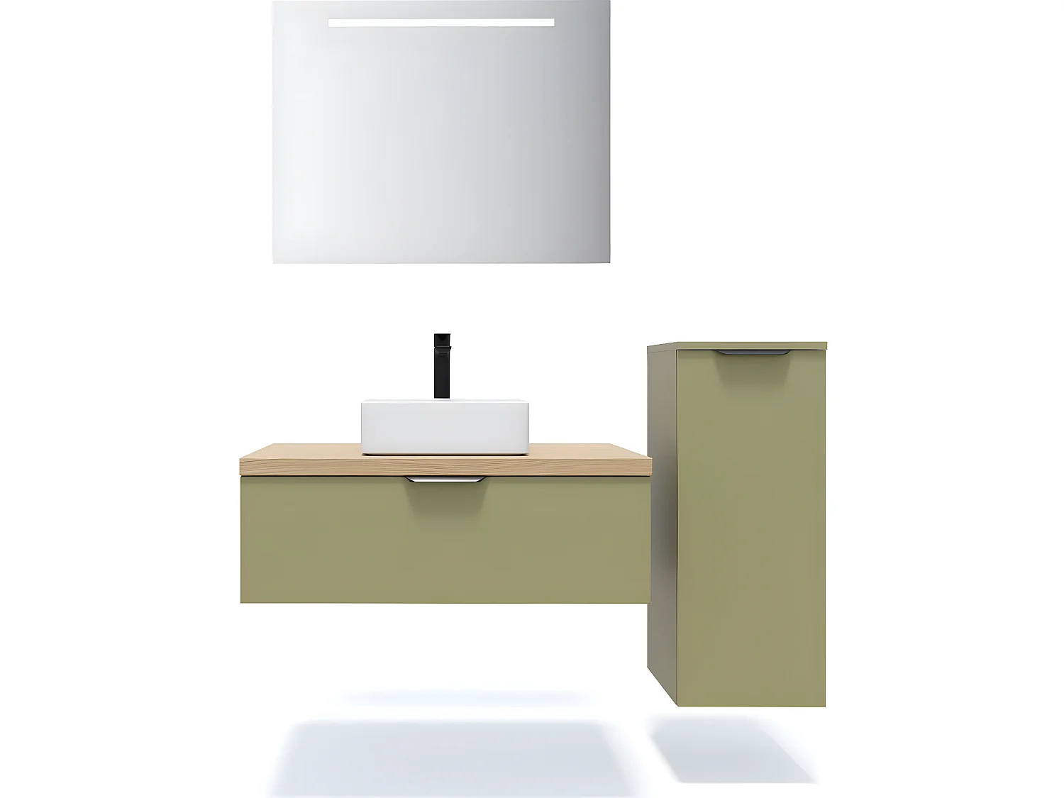 Meuble de salle de bain suspendu vasque à poser 90cm 1 tiroir Vert olive + miroir + colonne ouverture droite - Soho