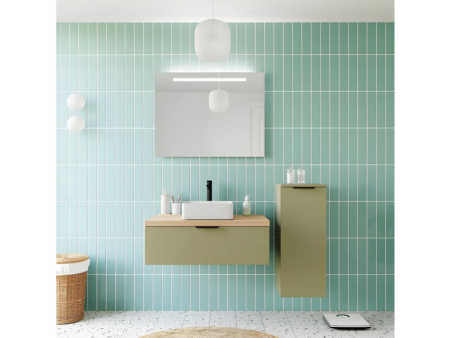 Meuble de salle de bain suspendu vasque à poser 90cm 1 tiroir Vert olive + miroir + colonne ouverture droite - Soho