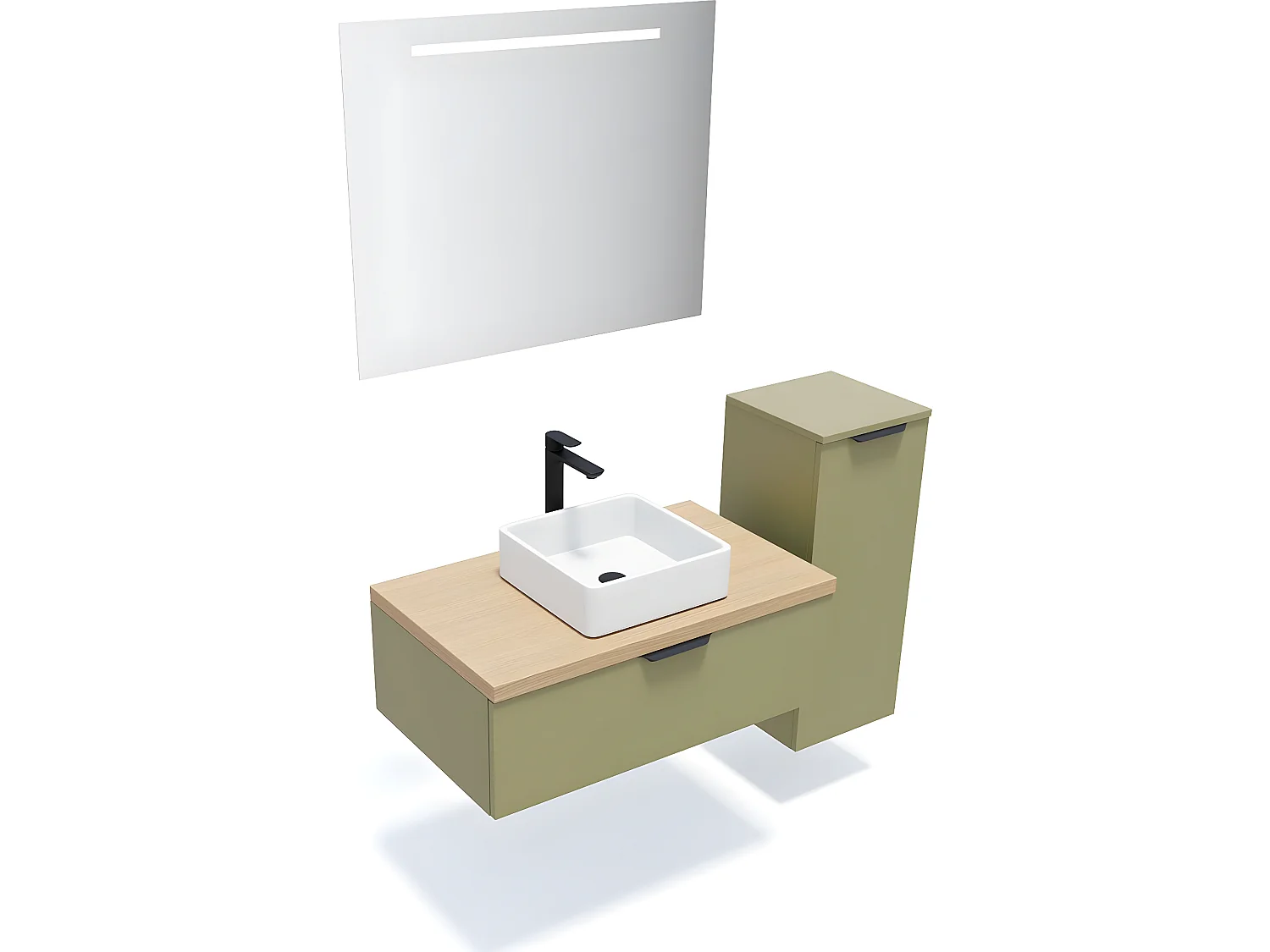 Meuble de salle de bain suspendu vasque à poser 90cm 1 tiroir Vert olive + miroir + colonne ouverture droite - Soho