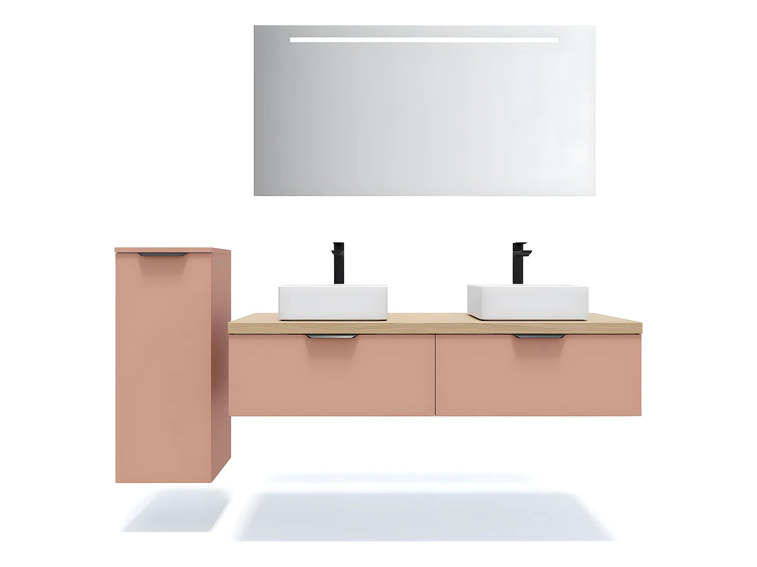 Meuble de salle de bain suspendu 2 vasques à poser 140cm 2 tiroirs Abricot + miroir + colonne ouverture gauche - Soho