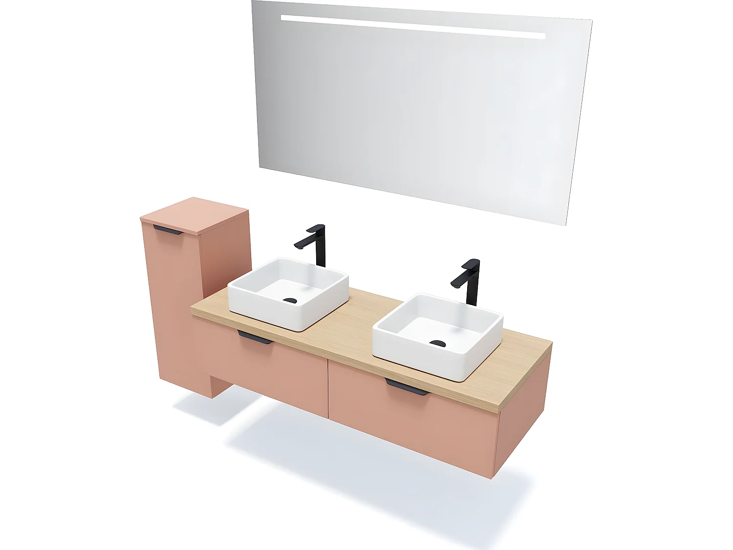 Meuble de salle de bain suspendu 2 vasques à poser 140cm 2 tiroirs Abricot + miroir + colonne ouverture gauche - Soho