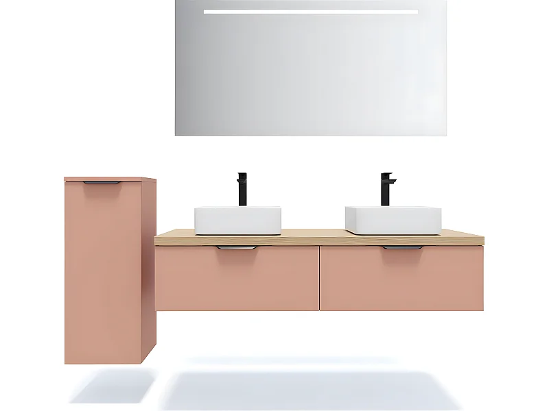 Meuble de salle de bain suspendu 2 vasques à poser 140cm 2 tiroirs Abricot + miroir + colonne ouverture gauche - Soho