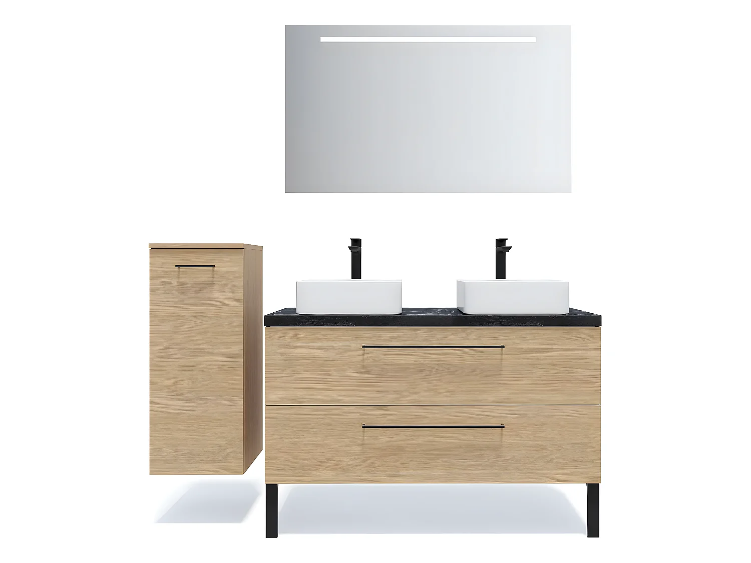Meuble de salle de bain suspendu 2 vasques à poser 120cm 2 tiroirs Chêne clair + miroir + colonne ouverture gauche - Glasgow