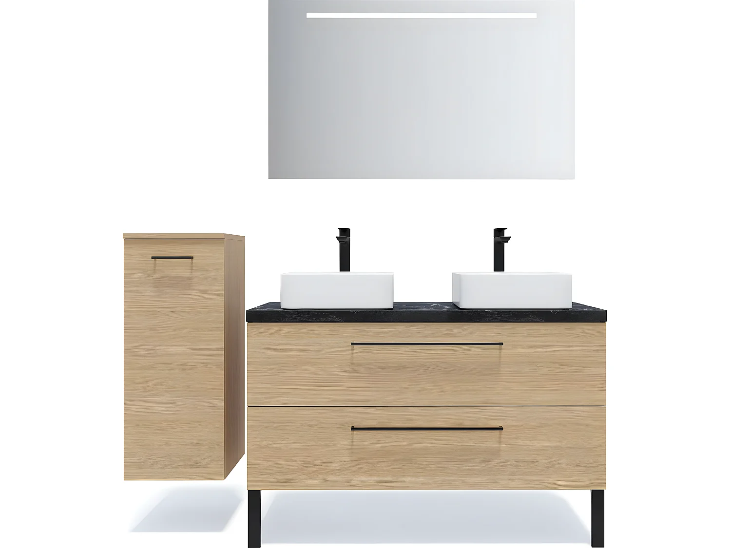 Meuble de salle de bain suspendu 2 vasques à poser 120cm 2 tiroirs Chêne clair + miroir + colonne ouverture gauche - Glasgow