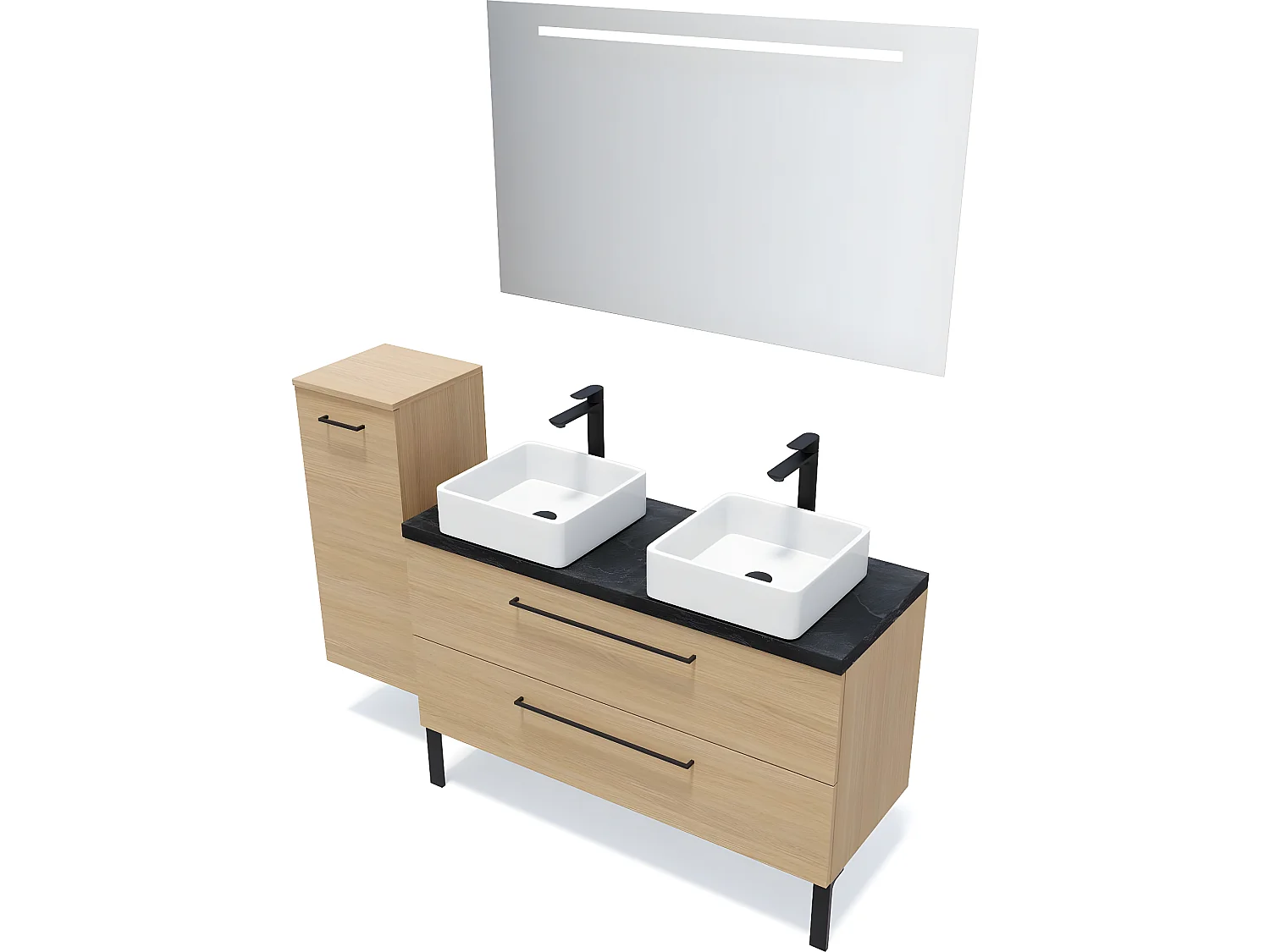 Meuble de salle de bain suspendu 2 vasques à poser 120cm 2 tiroirs Chêne clair + miroir + colonne ouverture gauche - Glasgow