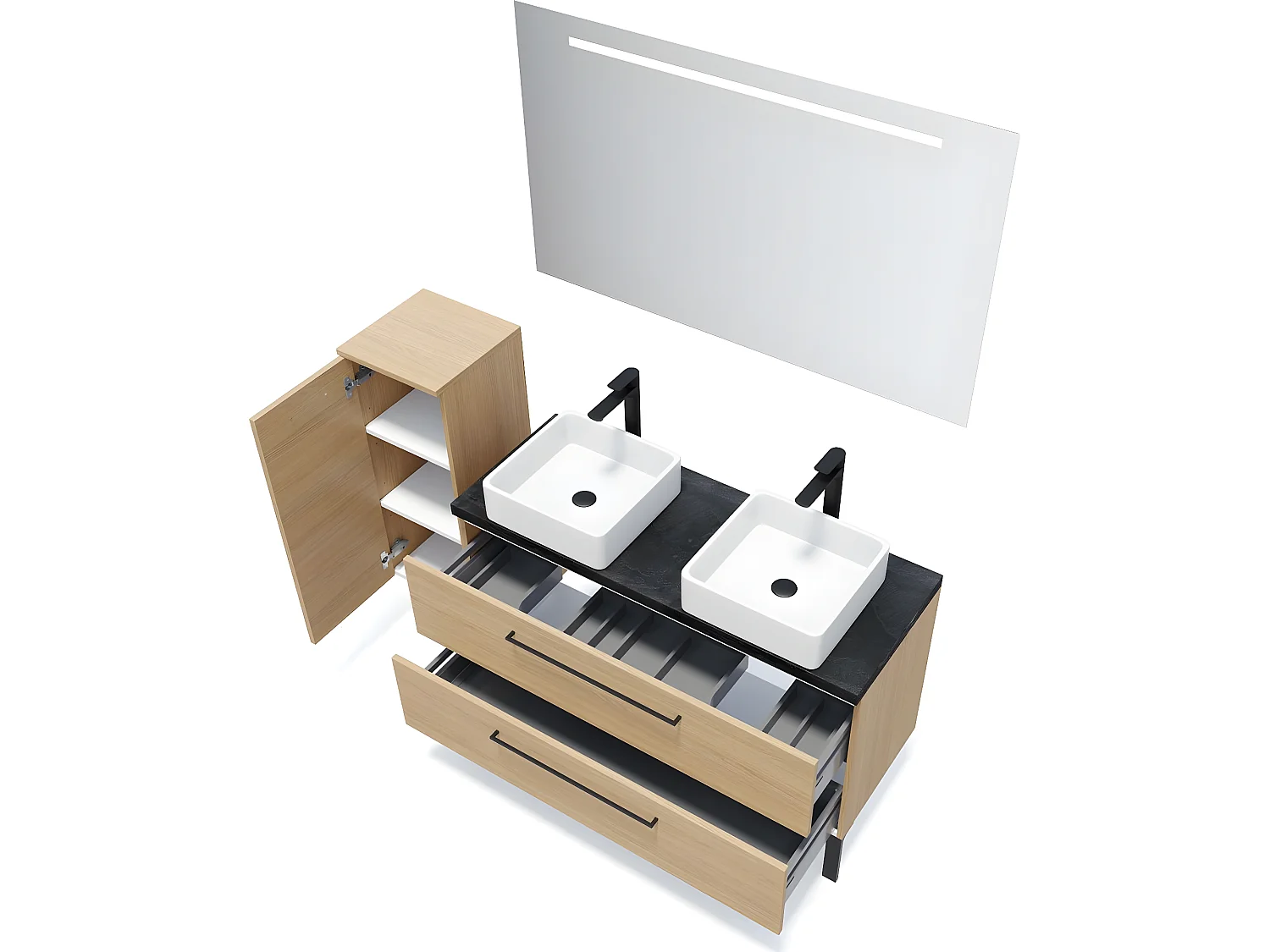 Meuble de salle de bain suspendu 2 vasques à poser 120cm 2 tiroirs Chêne clair + miroir + colonne ouverture gauche - Glasgow