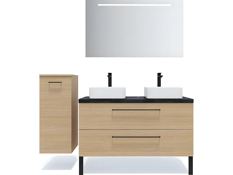 Meuble de salle de bain suspendu 2 vasques à poser 120cm 2 tiroirs Chêne clair + miroir + colonne ouverture gauche - Glasgow