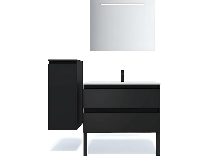 Meuble de salle de bain suspendu vasque intégrée 90cm 2 tiroirs Noir + miroir + colonne ouverture gauche - Hudson