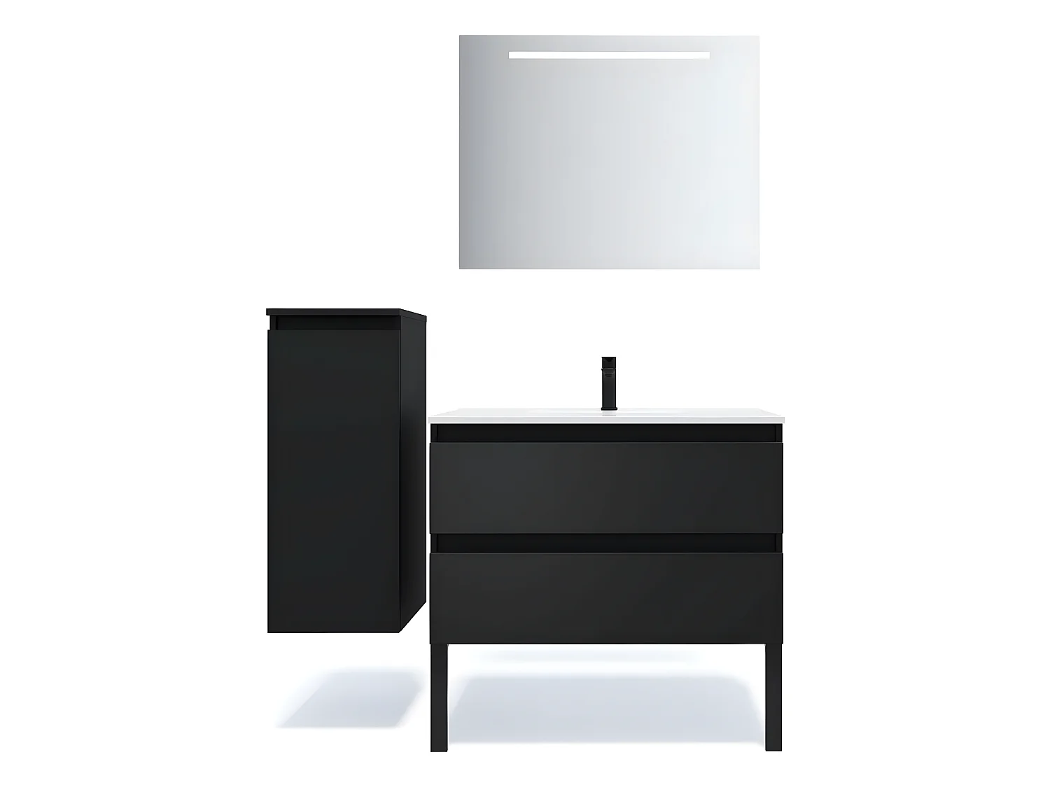 Meuble de salle de bain suspendu vasque intégrée 90cm 2 tiroirs Noir + miroir + colonne ouverture gauche - Hudson