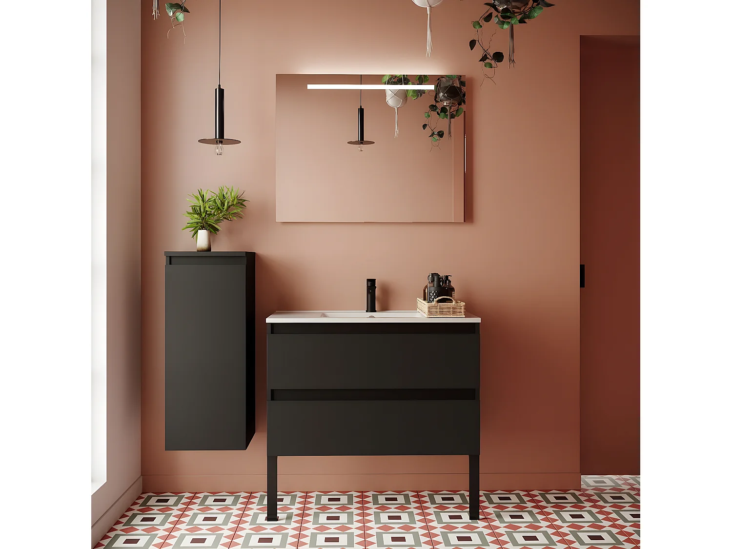 Meuble de salle de bain suspendu vasque intégrée 90cm 2 tiroirs Noir + miroir + colonne ouverture gauche - Hudson