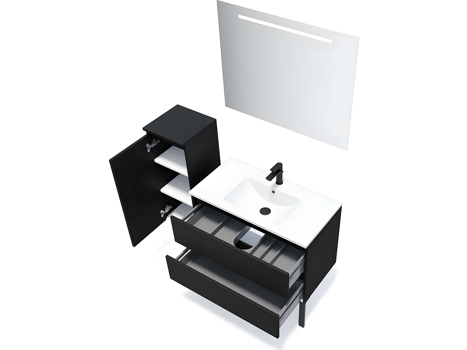 Meuble de salle de bain suspendu vasque intégrée 90cm 2 tiroirs Noir + miroir + colonne ouverture gauche - Hudson