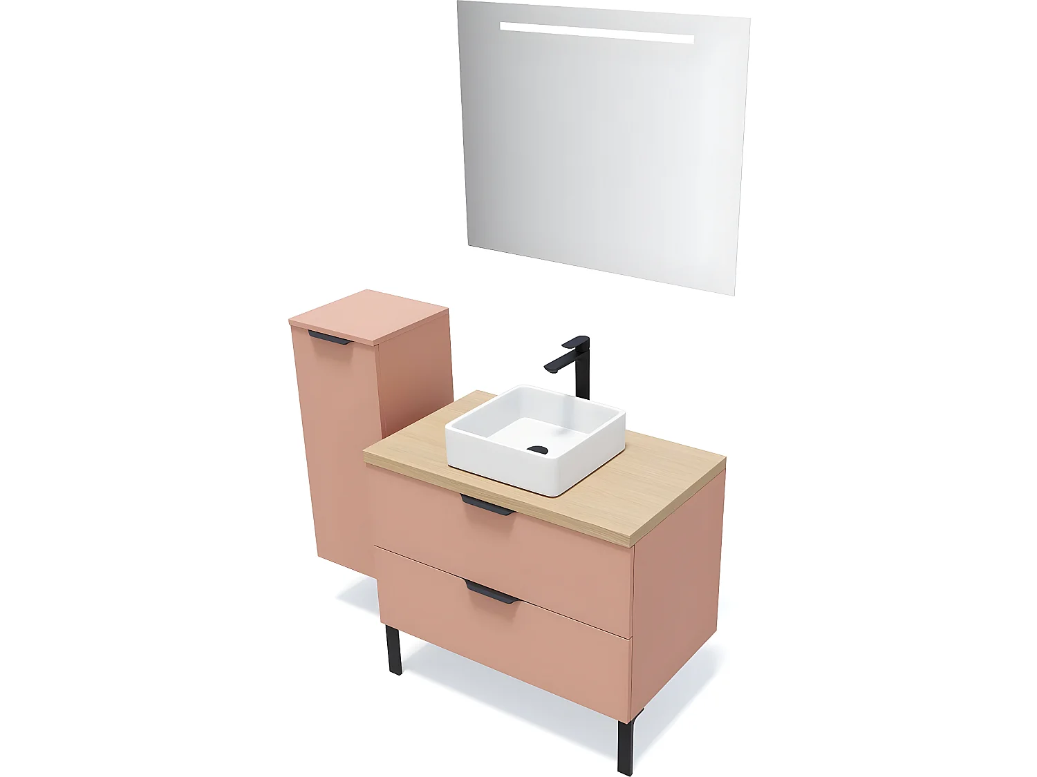 Meuble de salle de bain suspendu vasque à poser 90cm 2 tiroirs Abricot + miroir + colonne ouverture gauche - Soho