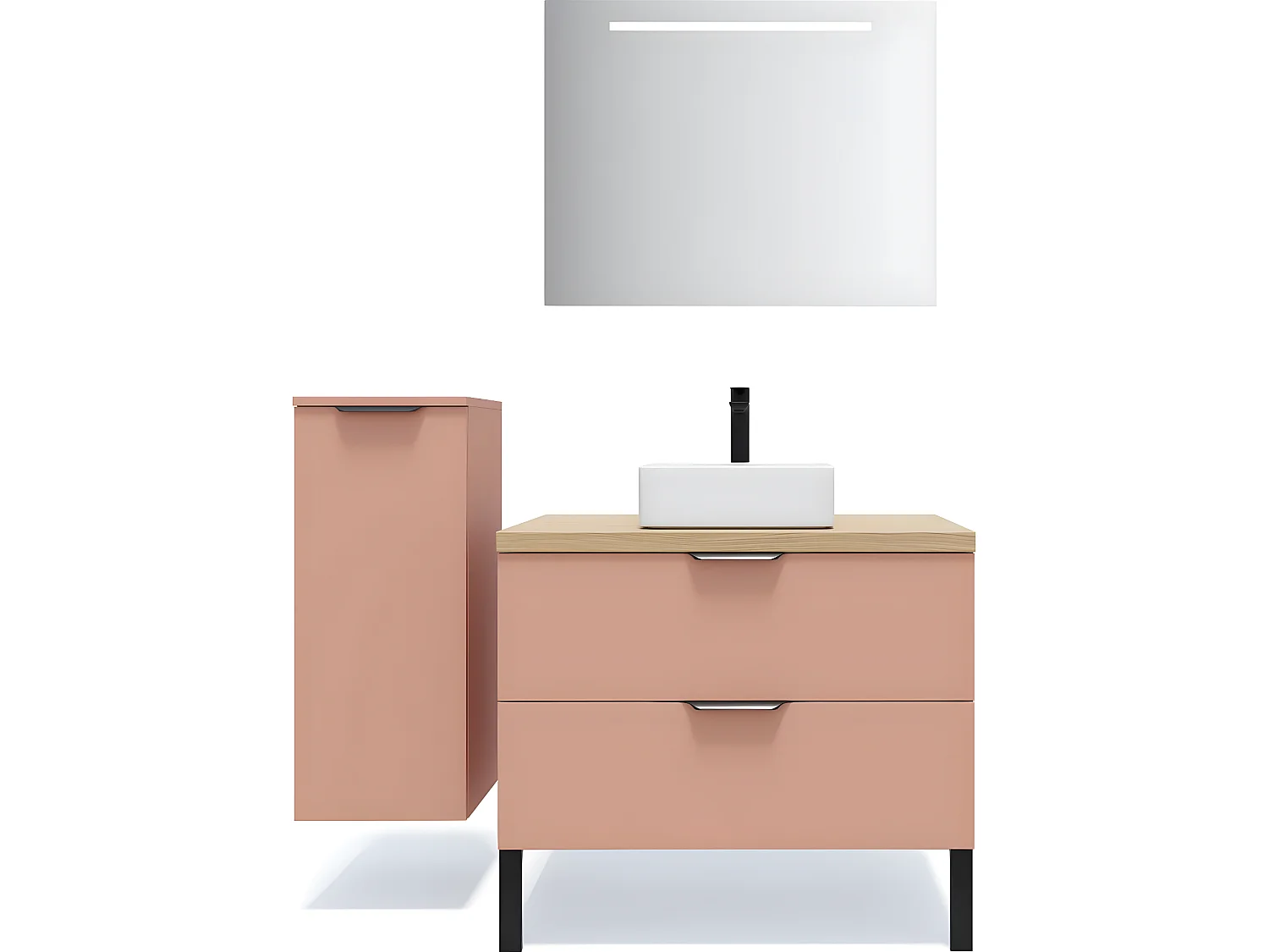 Meuble de salle de bain suspendu vasque à poser 90cm 2 tiroirs Abricot + miroir + colonne ouverture gauche - Soho