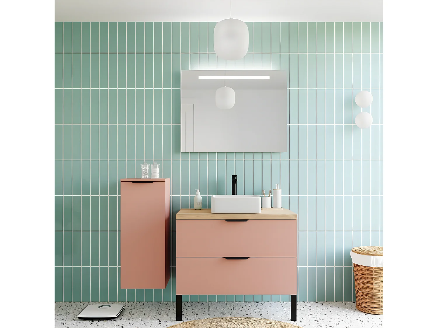 Meuble de salle de bain suspendu vasque à poser 90cm 2 tiroirs Abricot + miroir + colonne ouverture gauche - Soho