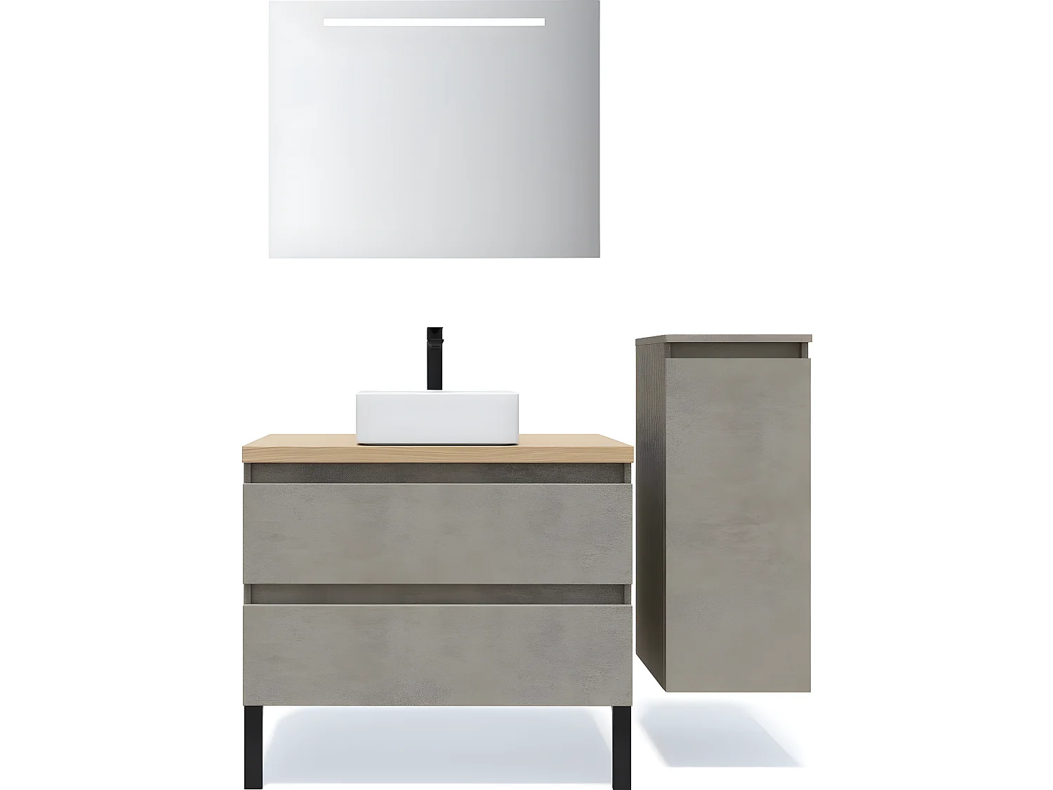 Meuble de salle de bain suspendu vasque à poser 90cm 2 tiroirs façon Béton + miroir + colonne ouverture droite - Hudson