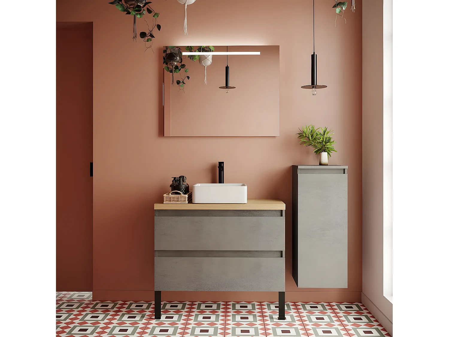 Meuble de salle de bain suspendu vasque à poser 90cm 2 tiroirs façon Béton + miroir + colonne ouverture droite - Hudson