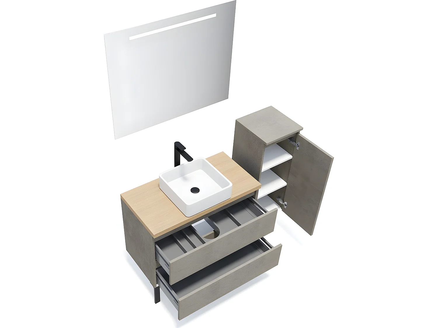Meuble de salle de bain suspendu vasque à poser 90cm 2 tiroirs façon Béton + miroir + colonne ouverture droite - Hudson