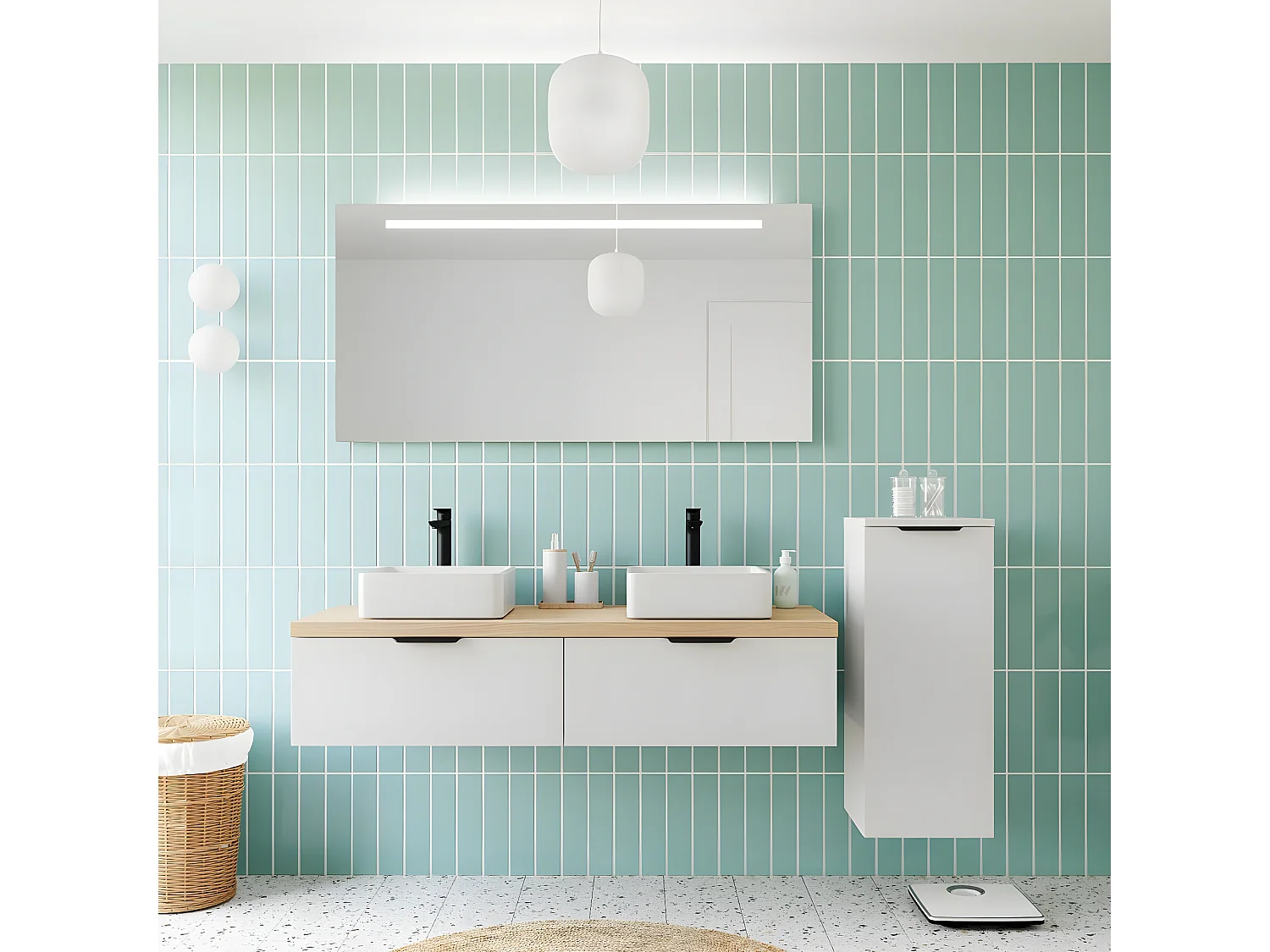 Meuble de salle de bain suspendu 2 vasques à poser 140cm 2 tiroirs Blanc + miroir + colonne ouverture droite - Soho