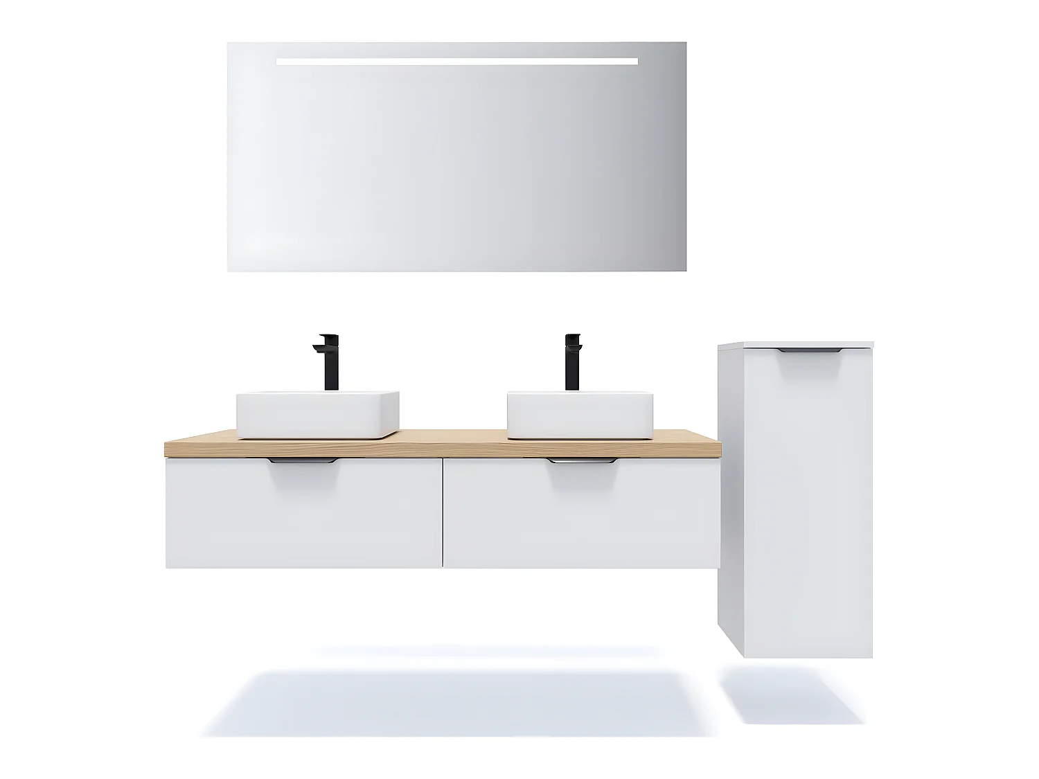 Meuble de salle de bain suspendu 2 vasques à poser 140cm 2 tiroirs Blanc + miroir + colonne ouverture droite - Soho