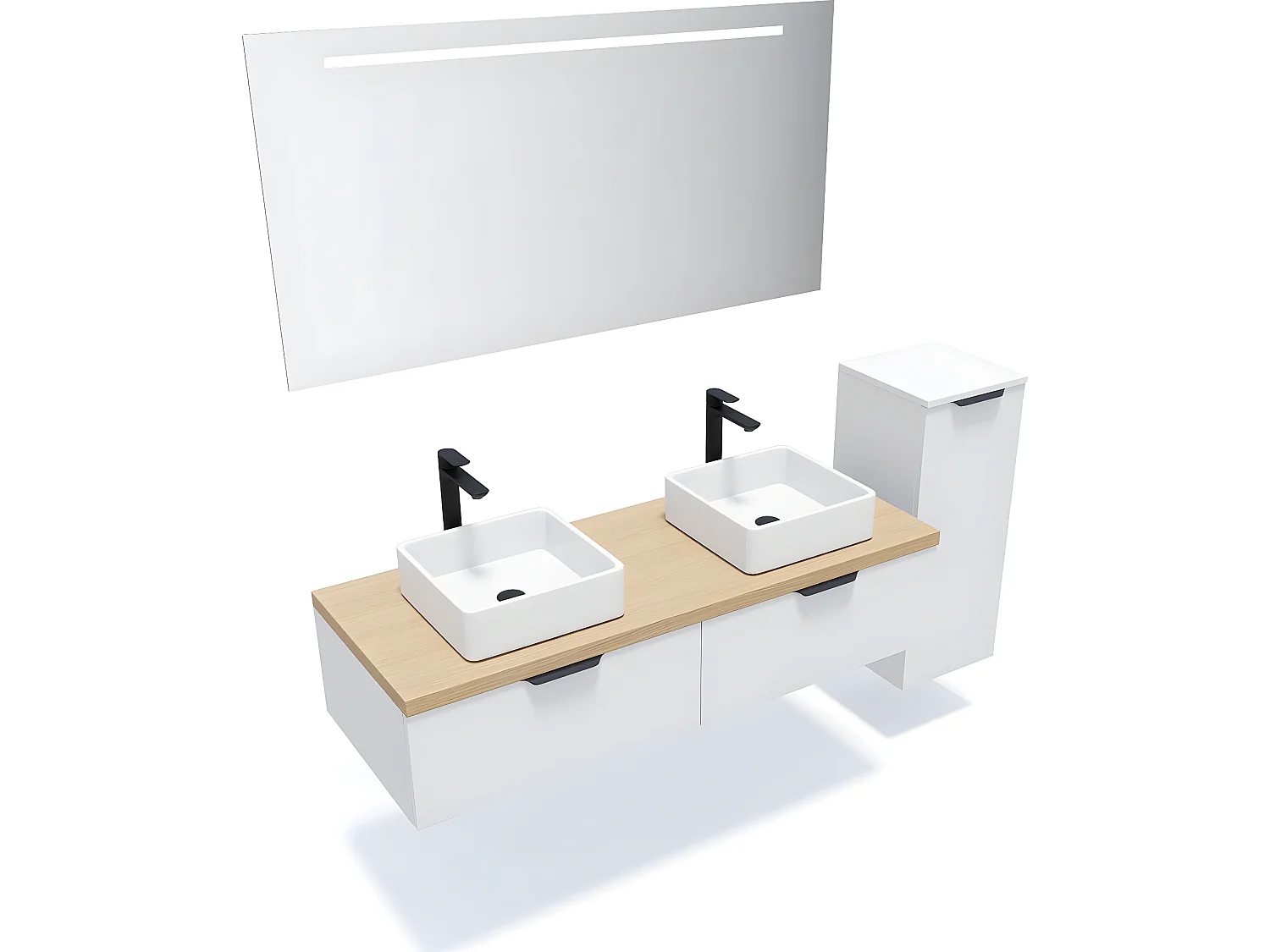 Meuble de salle de bain suspendu 2 vasques à poser 140cm 2 tiroirs Blanc + miroir + colonne ouverture droite - Soho