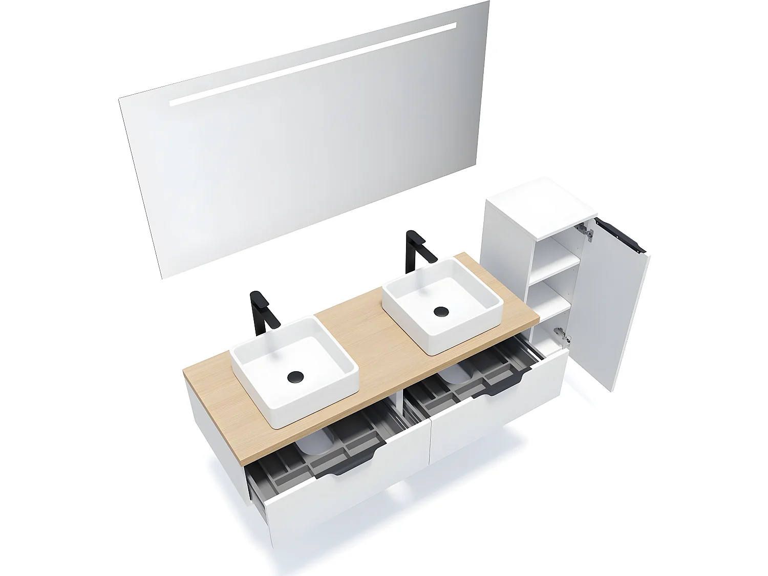 Meuble de salle de bain suspendu 2 vasques à poser 140cm 2 tiroirs Blanc + miroir + colonne ouverture droite - Soho